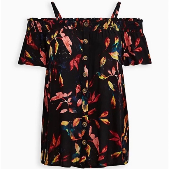 NWT TORRID Black Smocked Cold Shoulder Leaf Print - Picture 4 of 7